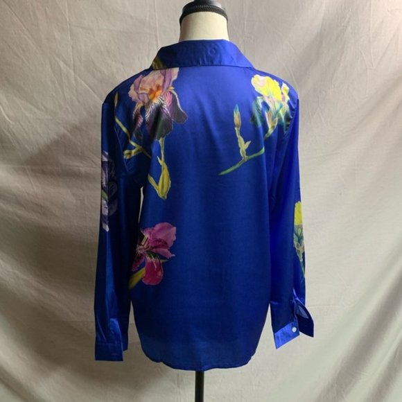 Blue Floral Satin Button Down Blouse - Picture 8 of 8